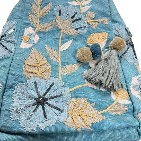 CROSSTREE LANE Floral Embroidered and Sequined Chambray Denim Backpack Purse - Picture 11 of 15